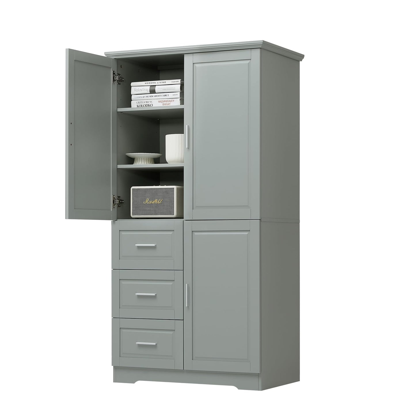 Storage Cabinet with Three Drawers and Doors, Wide Pantry Cupboard for Kitchen, Living Room and Bathroom, Adjustable Shelf, Grey