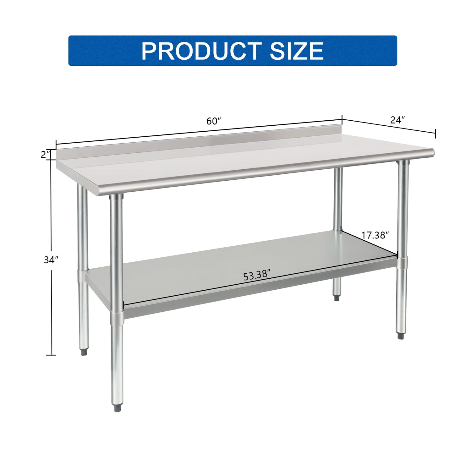 HARDURA Stainless Steel Table Prep & Work Table 24 x 60 Inches NSF Heavy Duty Commercial with Undershelf and Backsplash for Restaurant Kitchen Home and Hotel
