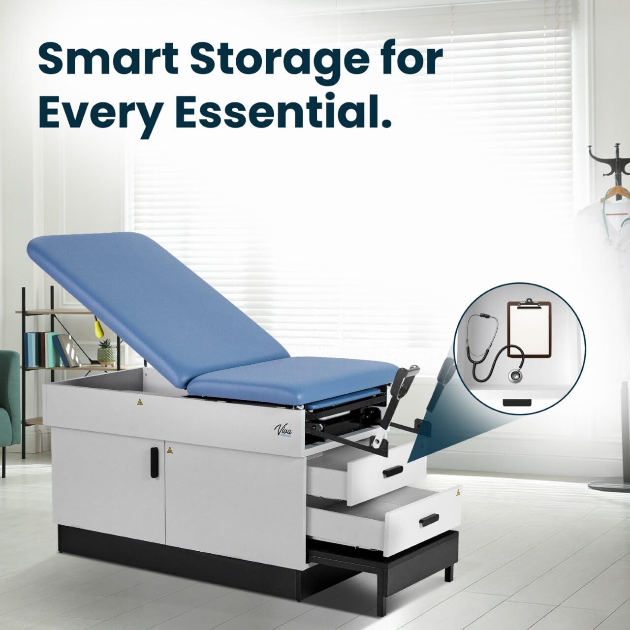 Vivacomfort Slim Line Medical Exam Table with Stirrups, Blue