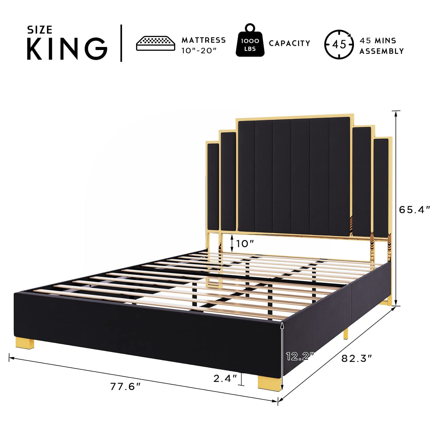 HOWE 61" King Size Upholstered Bed Frame with Golden Plating Trim, Black