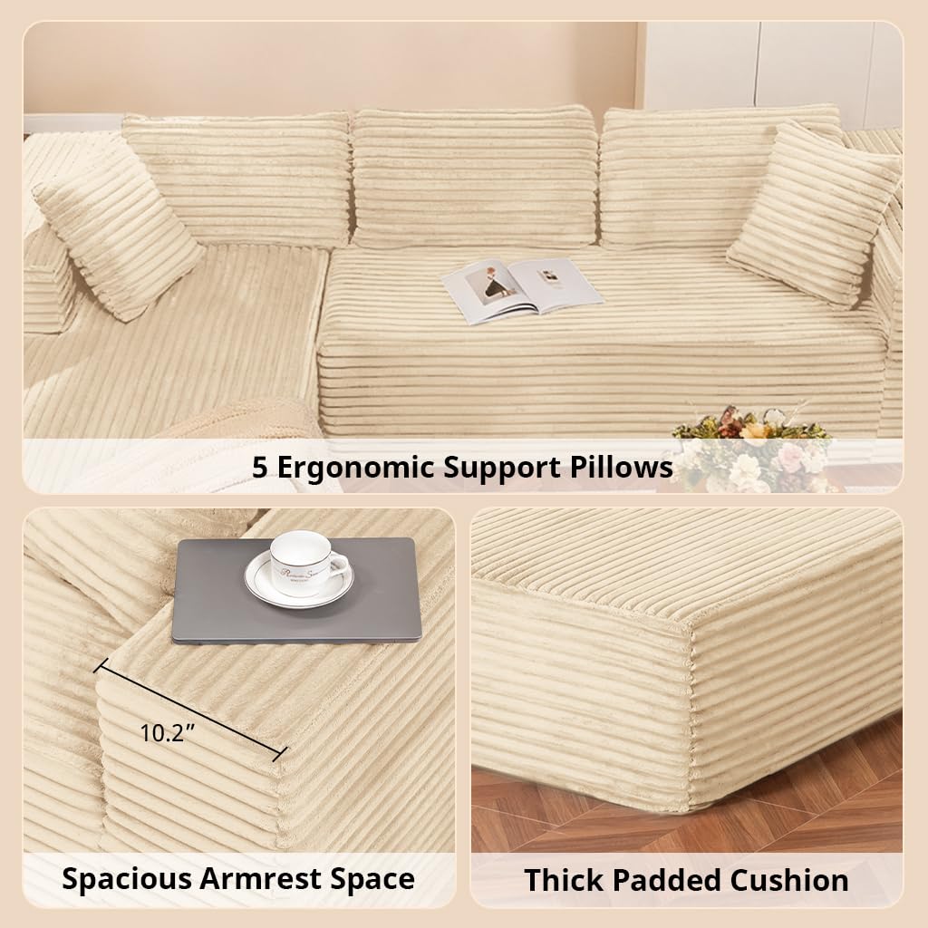 COMHOMA 105”Modular Sectional Sofa with Deep Seat,Cloud Upholstered L-Shape Couch Wide Arms Corduroy Fabric High-Density Foam Chaise Lounge for Living Room No Assembly Required,Beige