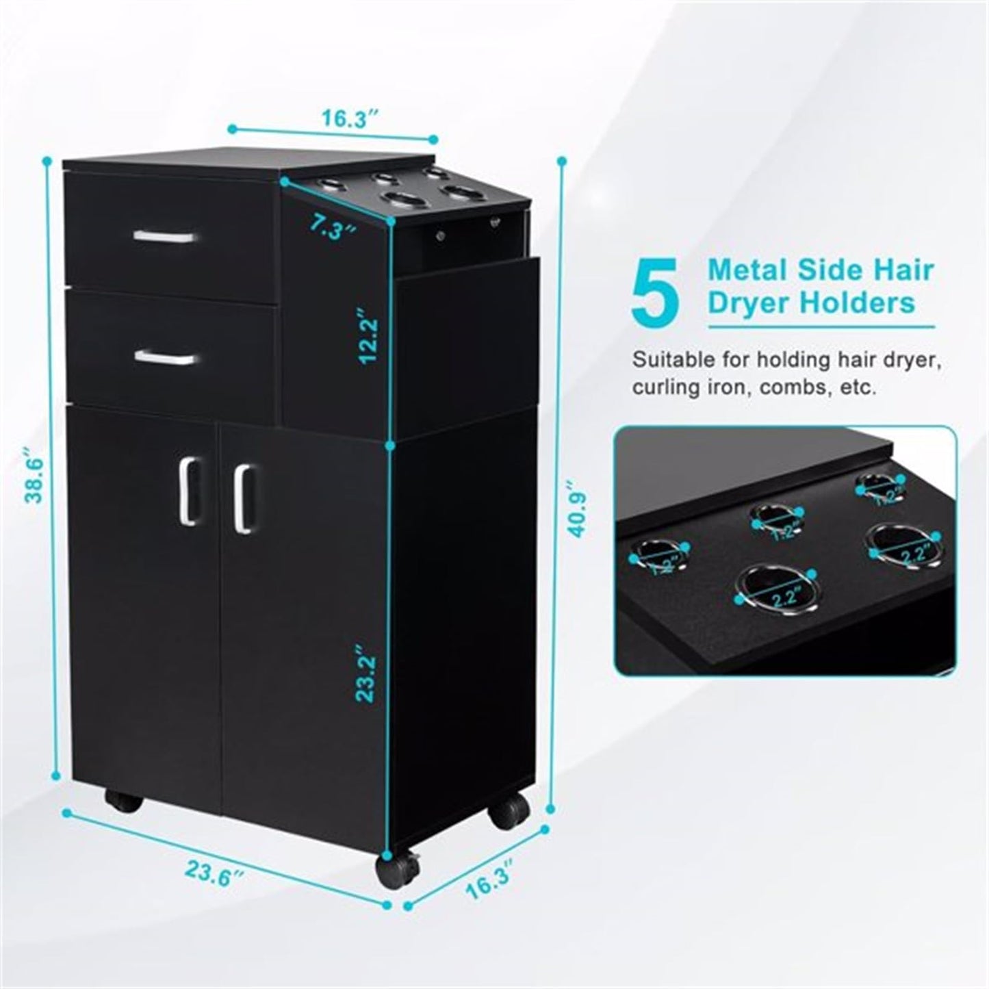 CUIYMXSC Rolling Salon Station, Beauty Salon Storage Cabinet Trolley, with 5 Hair Dryer Holders, 2 Drawers, Barber Styling Station, Tool Cart for Stylist Hair Salon Barber Shops