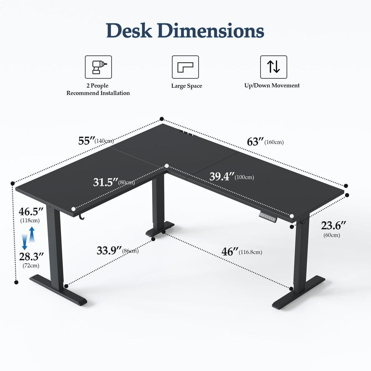 Klicelor L Shaped Standing Desk 63 x 55 Inch, Electric Height Adjustable Corner Desk for Home Office Workstation, Ergonomic Sit Stand Computer Table with Memory Controller, Black