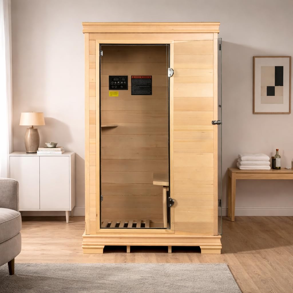 Royal Saunas Hongyuan 1 Person Infrared Sauna Room Indoor, 960W Home Sauna, Canadian Hemlock Wood, Low EMF Heating, BT Audio, LED Reading Light, Compact Spa 35"x27"x61"