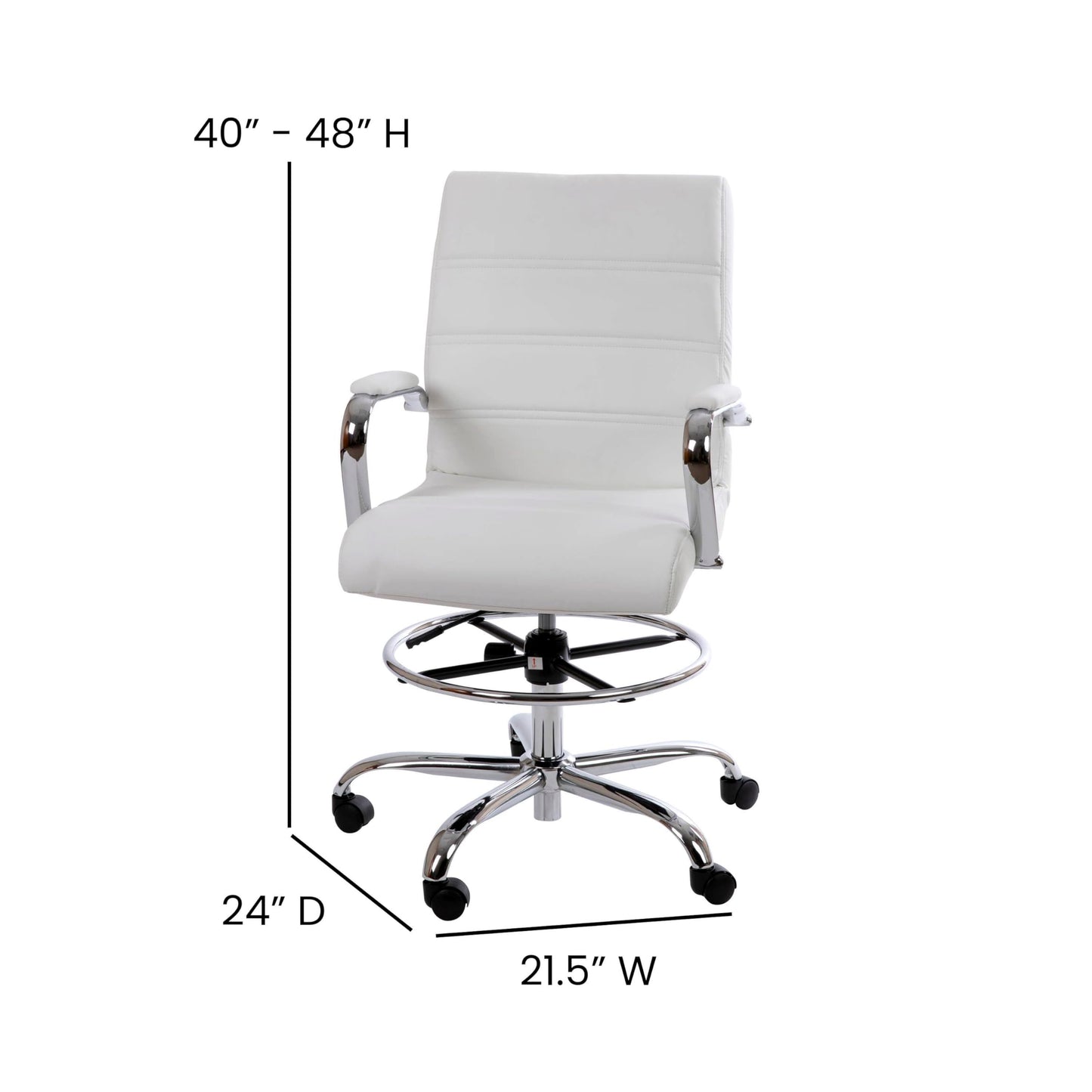 Flash Furniture Whitney Mid-Back Swivel LeatherSoft Drafting Chair with Padded Seat, Armrests, and Foot Ring, Adjustable Office Chair, White/Chrome