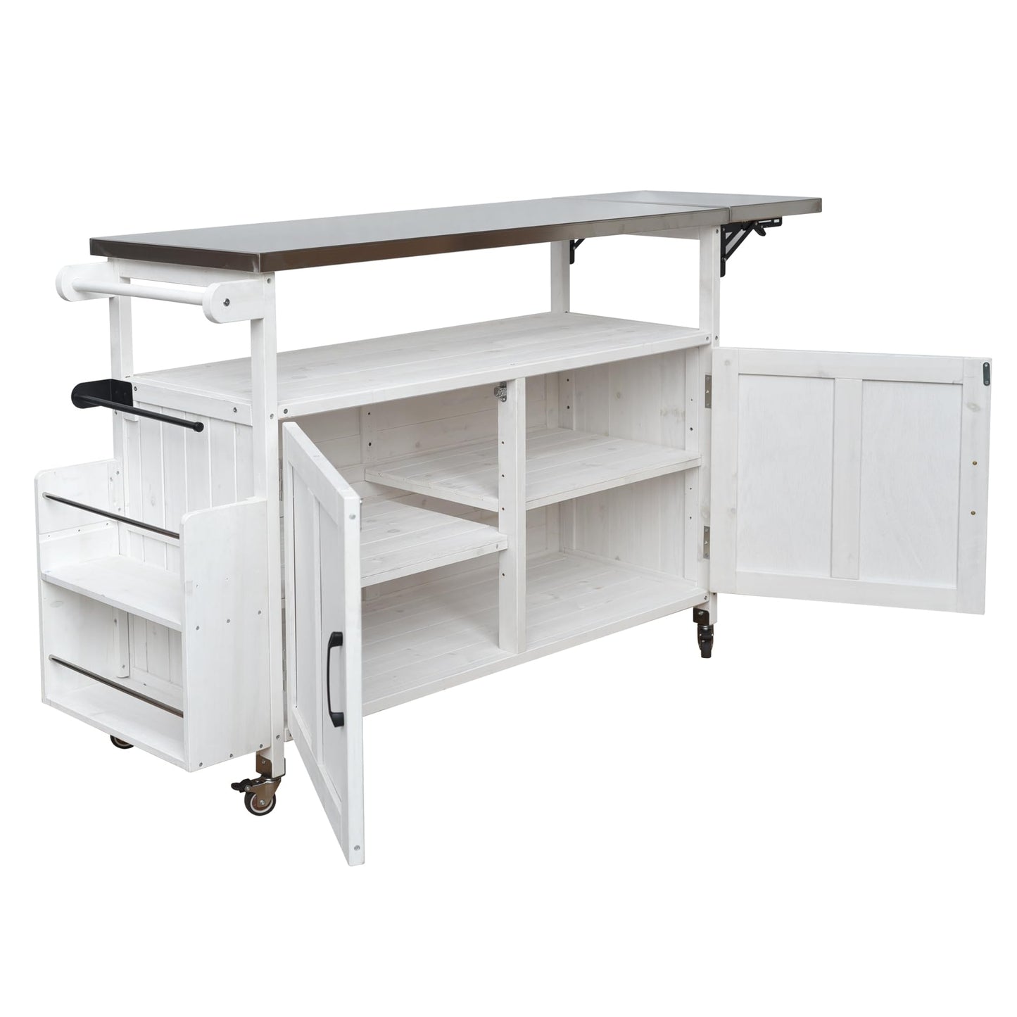 Outdoor Kitchen Island Cart with Foldable Stainless Steel Top, Rolling Grill Table with Adjustable Shelf Storage Spice Rack and Towel Holder, Wooden BBQ Prep Station with Lockable Wheels, White