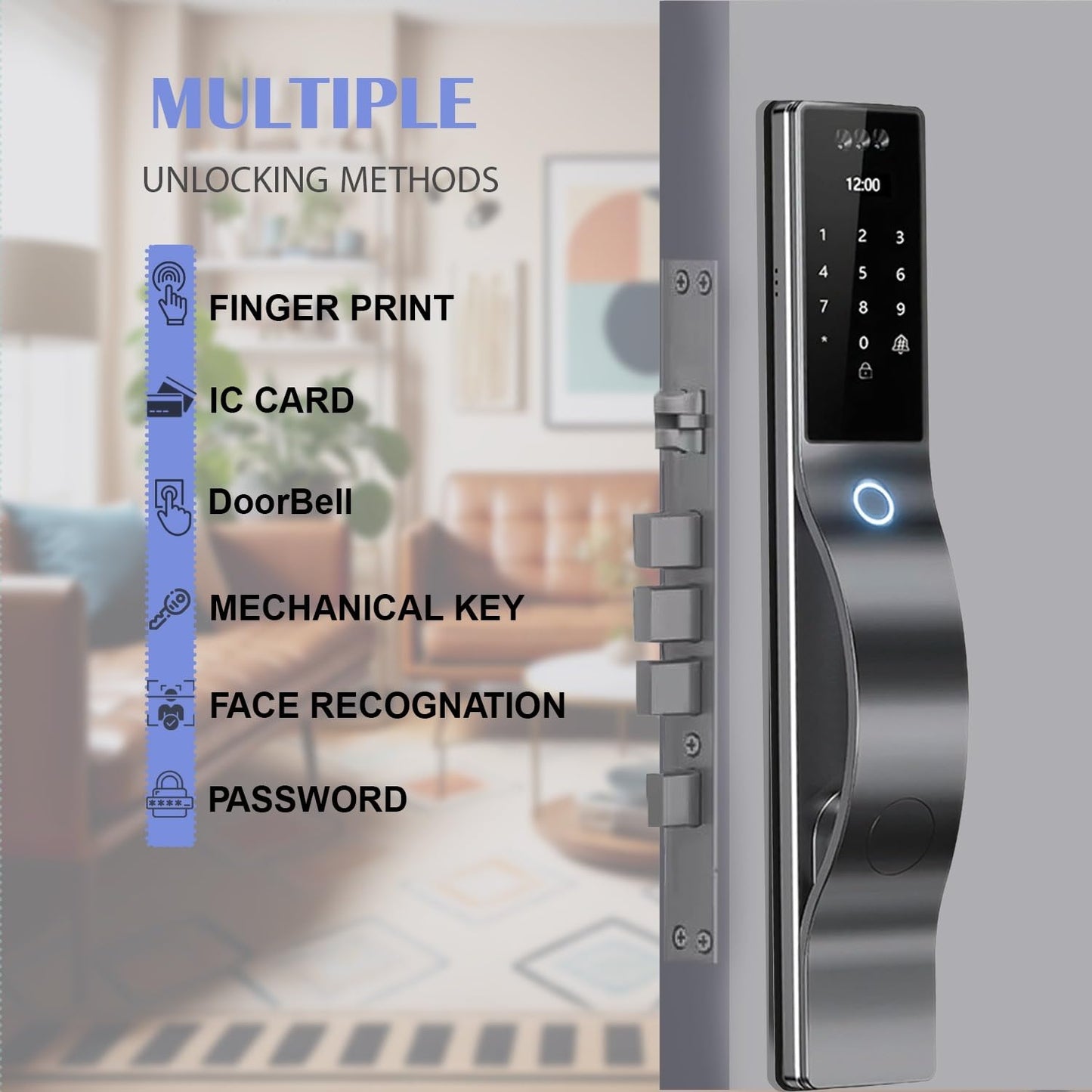 Smart Door Lock with Camera: 3D Face Recognition, Keyless Door Lock with Biometric Fingerprint, Passcode, IC Card, Mechanical Key, Doorbell, Video Intercom, WiShome App, Auto-Lock, Front Door Lock