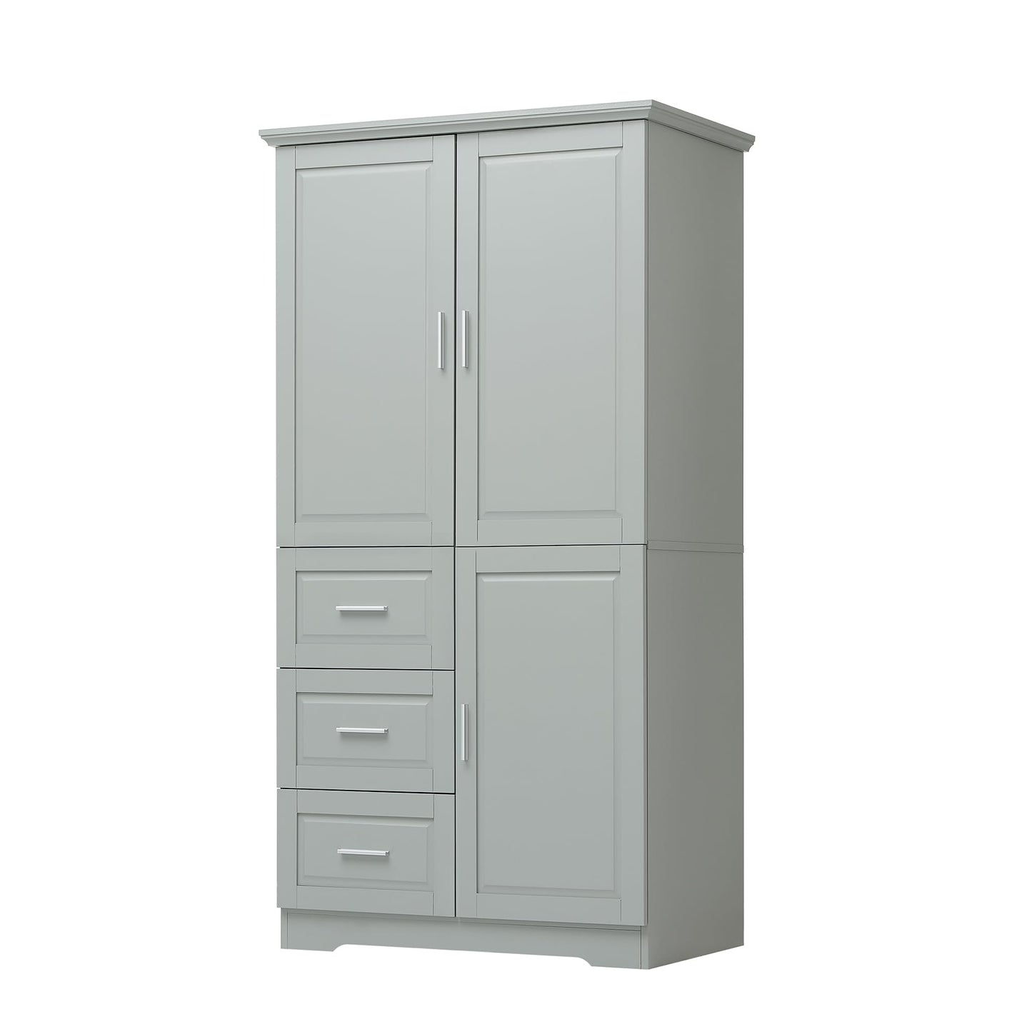Storage Cabinet with Three Drawers and Doors, Wide Pantry Cupboard for Kitchen, Living Room and Bathroom, Adjustable Shelf, Grey