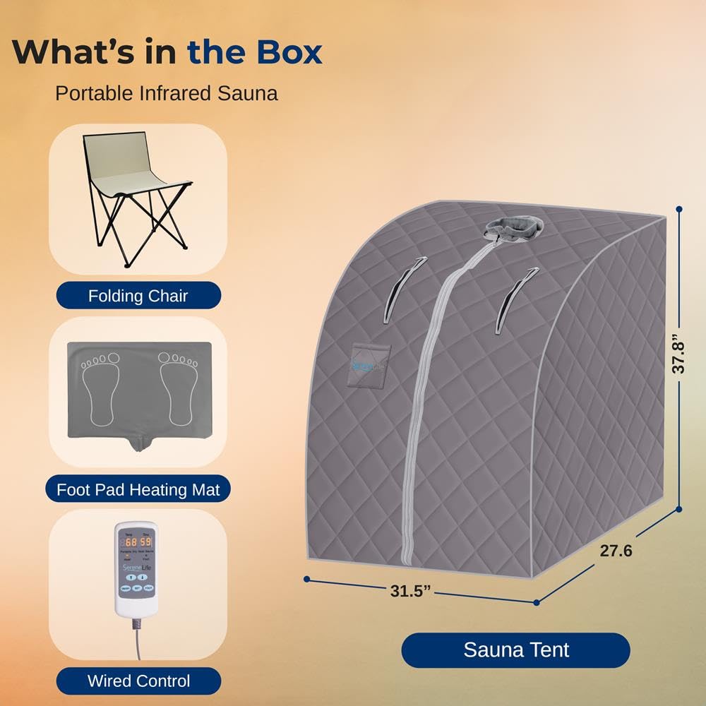 SereneLife Portable Infrared Home Spa | One Person Sauna | Heating Foot Pad and Chair, Gray (SLISAU10GRY)