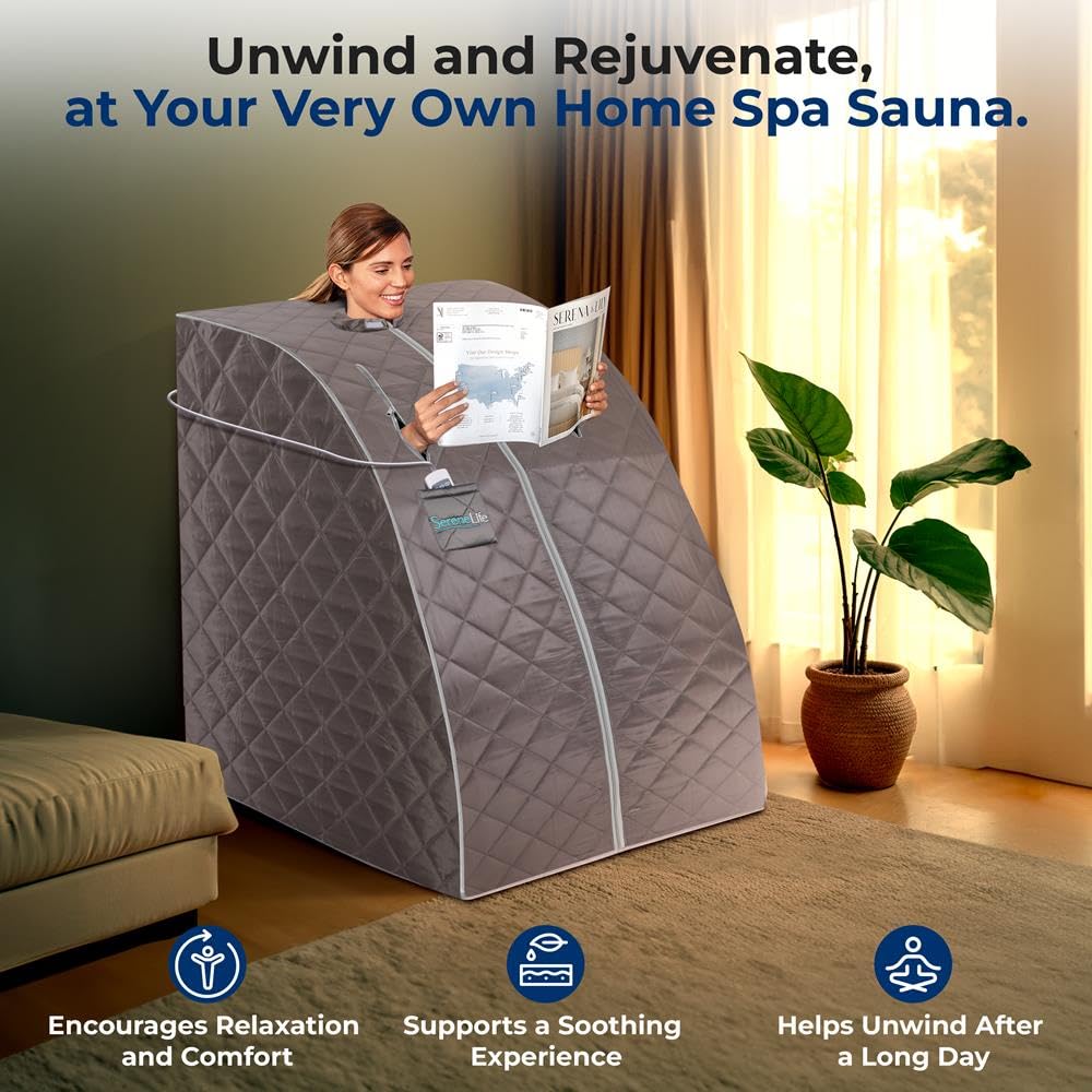 SereneLife Portable Infrared Home Spa | One Person Sauna | Heating Foot Pad and Chair, Gray (SLISAU10GRY)
