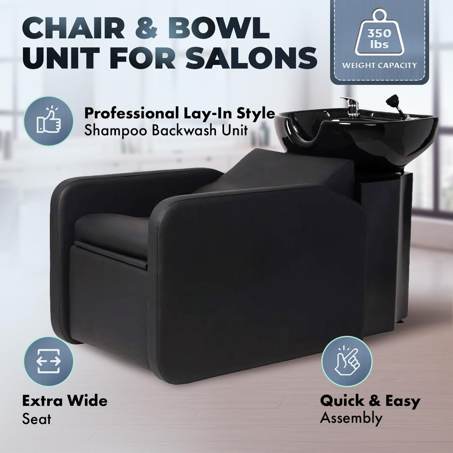 Buy-Rite Eclipse Lay-In Shampoo Backwash Unit for Salons & Barbershops - Porcelain Bowl with Hardware, Extra-Wide Reclining Seat, Kick-Out Leg Rest, Built-In Headrest & Lumbar Support, TS-8088-BLK