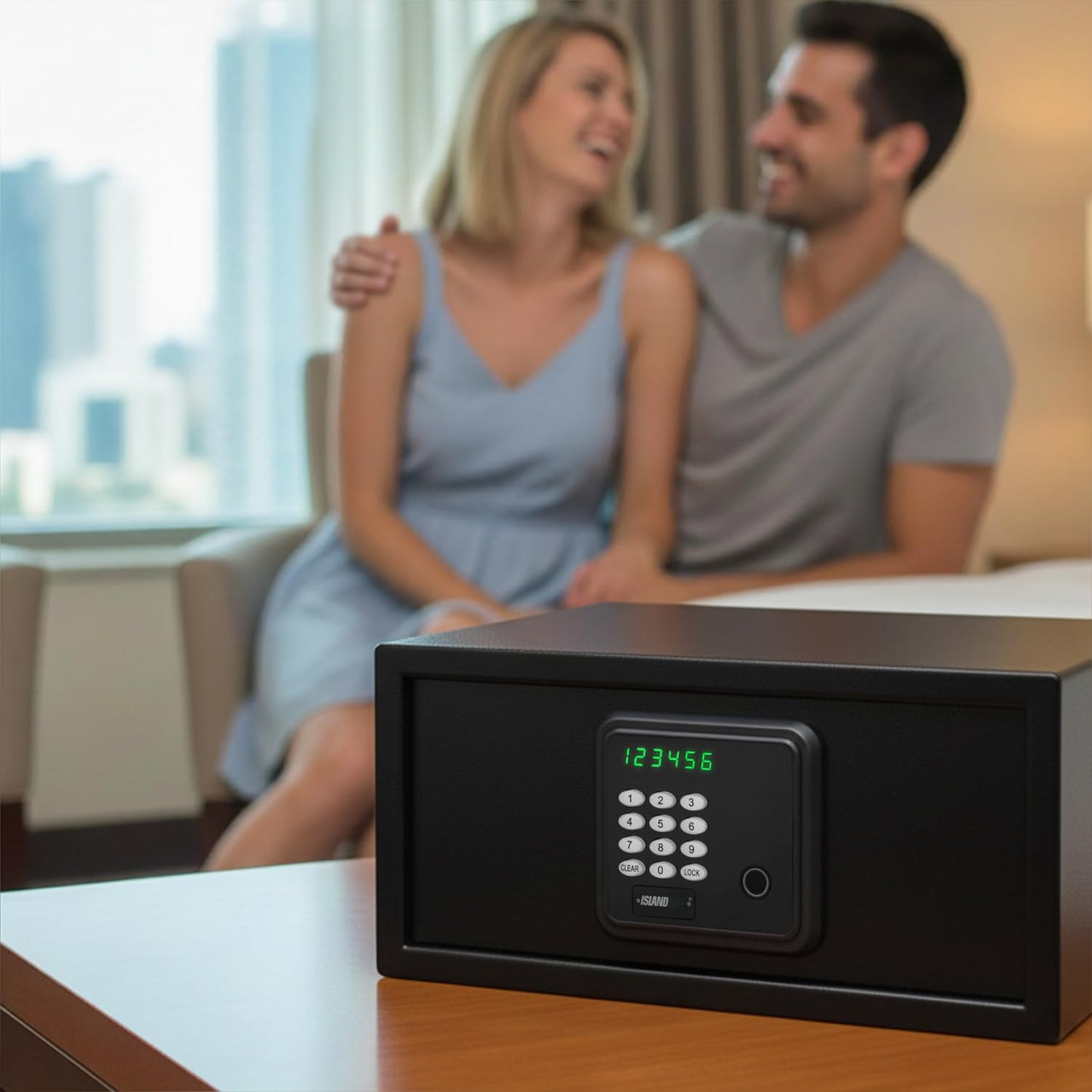 ISLANDSAFE Hotel Safe 1.1 Cubic Feet Home Safe with Digital Keypad, Hotel & Home Dual-Use Safe with Audit Function,Administrator Password,Security Lock Box for Laptop,Jewelry,Watch (Black,Fingerprint)