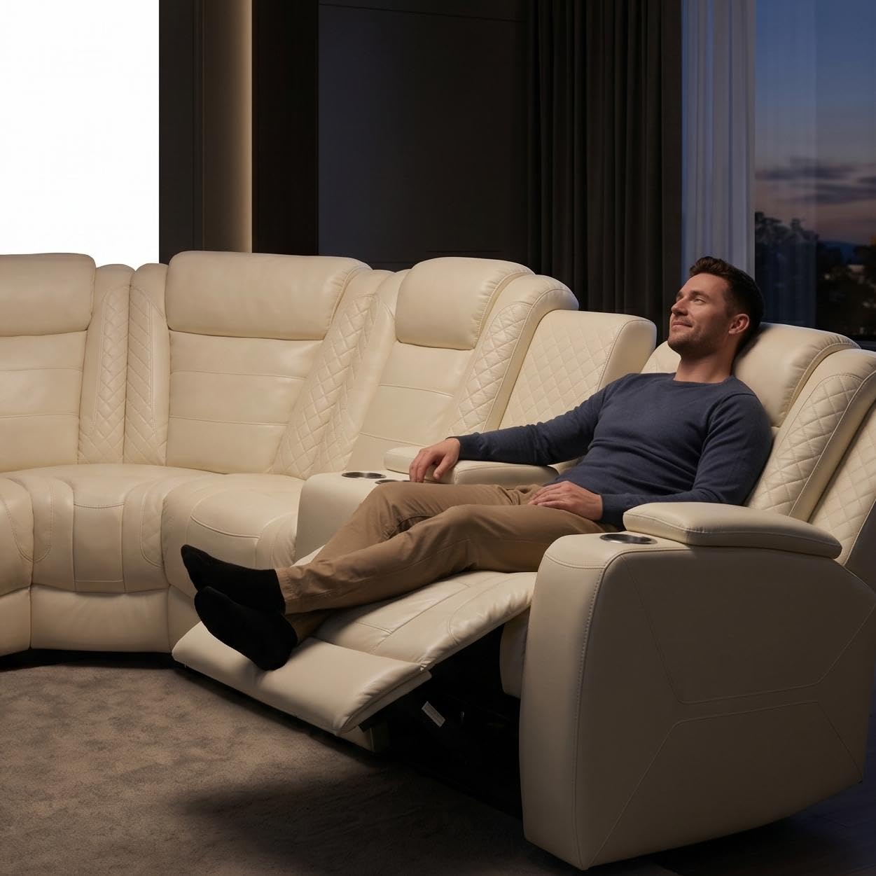 Trygoal Power Reclining Sectional Sofa Set, Modern L-Shaped Couch with Recliner, 4 Seat Power Reclining Sofa, Reclining Sectional Couches for Living Room, Home, Office, Leather, Off-White