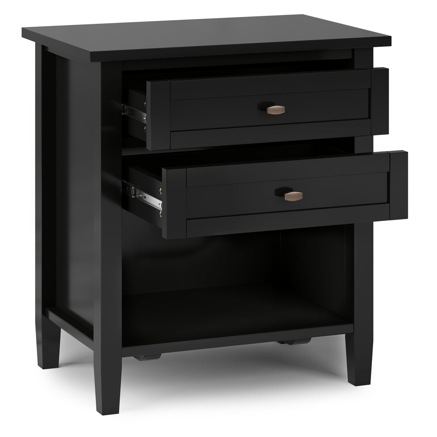 SIMPLIHOME Warm Shaker Bedside Table - 24 inch Wide Solid Wood Nightstand in Black, Transitional Bedroom Side or End Table with 2 Drawers, Open Shelf Storage and Bronze Hardware