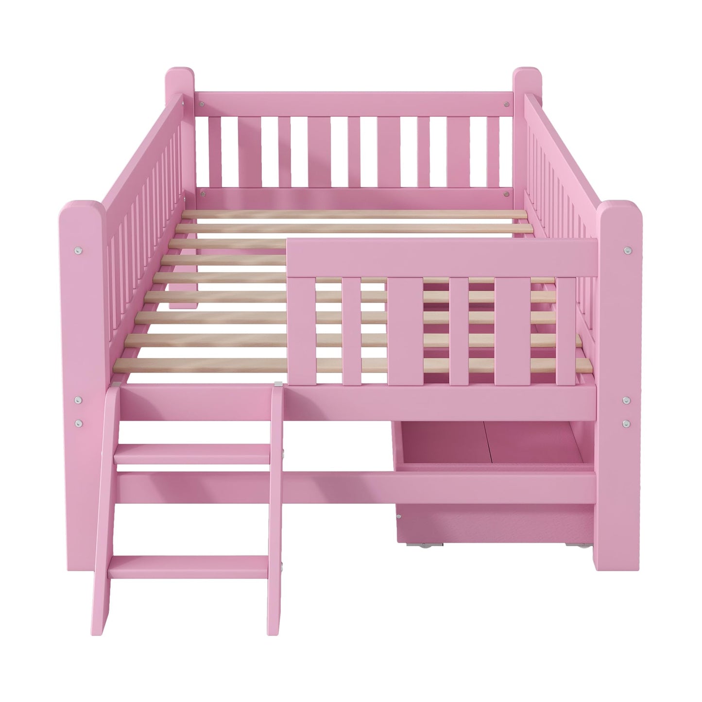 Bellemave Twin Size Kids Montessori Bed with Stairs,Solid Wood Twin Size Kids Bed Frame with Storage Drawers for Girls Boys,Low-Profile,Pink