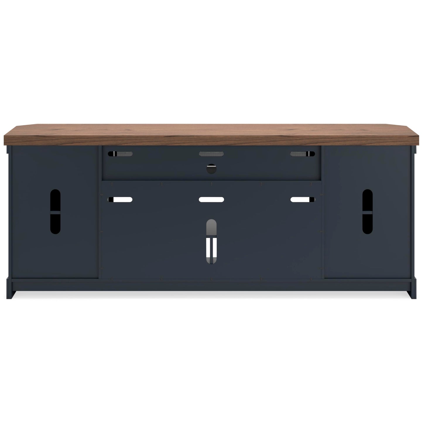 Signature Design by Ashley Landocken Contemporary 83" TV Stand for TVs up to 95" with Fireplace Option, 2 Cabinets, 2 Doors, 2 Adjustable Shelves, Open Cubbies and Cord Openings, Dark Brown & Blue