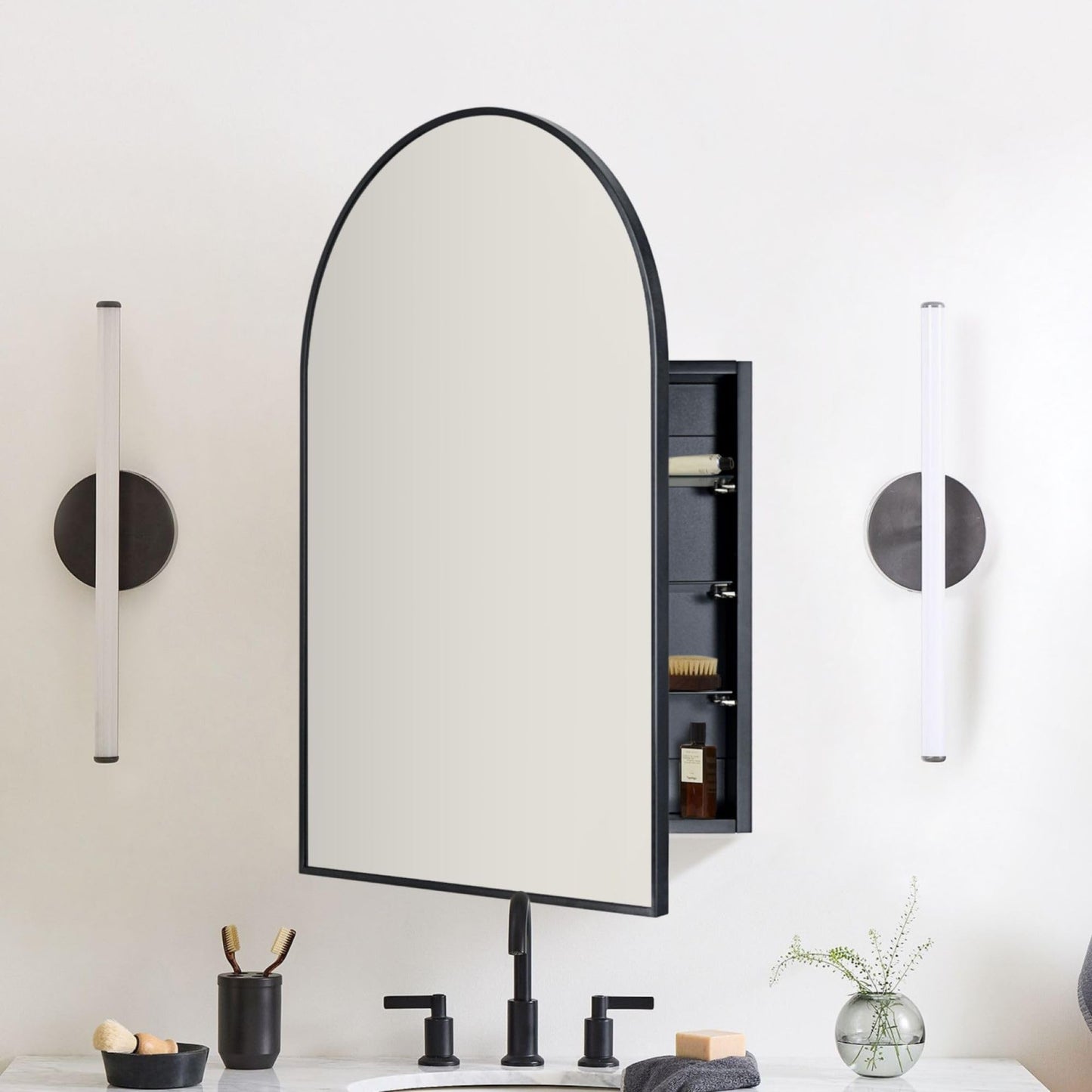 TEHOME 20 x 30'' Black Arched Bathroom Medicine Cabinet with Mirror Recessed and Surface Mounted Medicine Cabinet Mirror