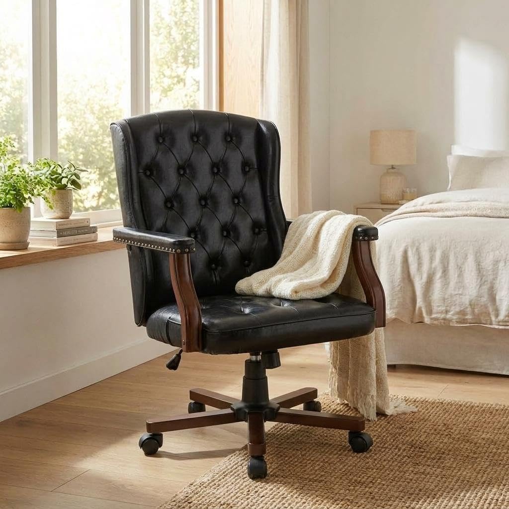 Executive Office Chair, Ergonomic Faux Leather Desk Chair with Wingback Design, Swivel Adjustable Home Office Chair for Computer Desk, Comfortable Task Chair for Home Office, Black
