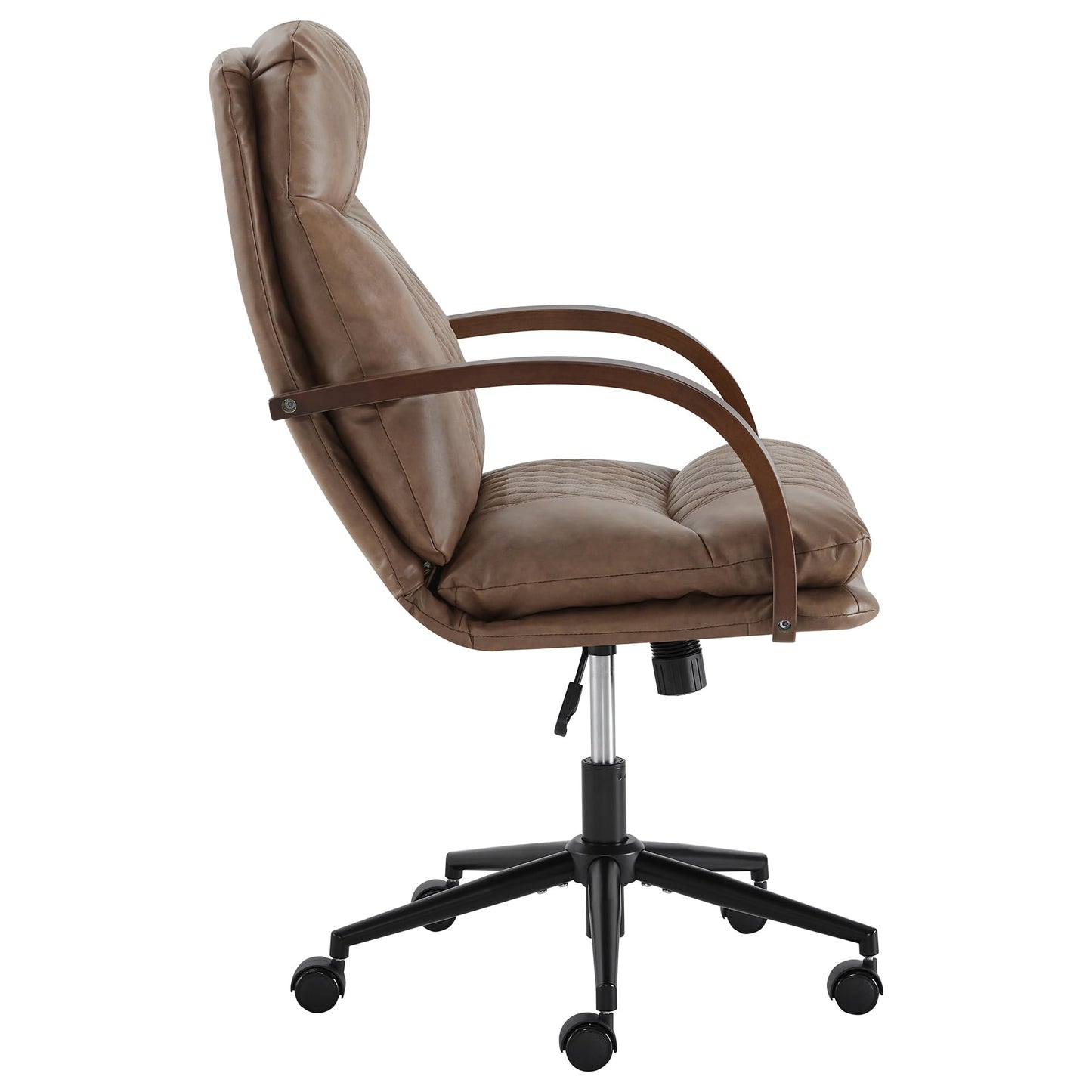 KISLOT Home Office Desk Chair, Ergonomic Office Chair with Lumbar Support, Adjustable Swivel Computer Chair with Wheels, Faux Leather Executive Task Chair with Wood Arms, Brown