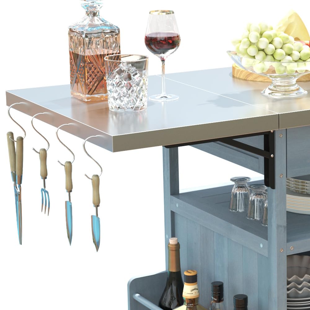 Merax Outdoor Grill Cart with Storage, Patio Kitchen Island Outdoor Grill Table with Lockable Wheels, BBQ Cart Movable Pizza Oven Table Stand with Foldable Tabletop, Blue+Grey