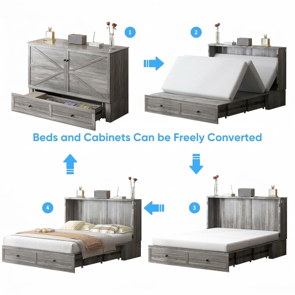 Mjkone Full Size Murphy Bed Cabinet with 5” Tri-Folding Foam Mattress, Foldable Convertible Chest Cabinet Wall Bed with Drawers & USB Charging Station for Small Spaces, Guest Room, Studio, Grey