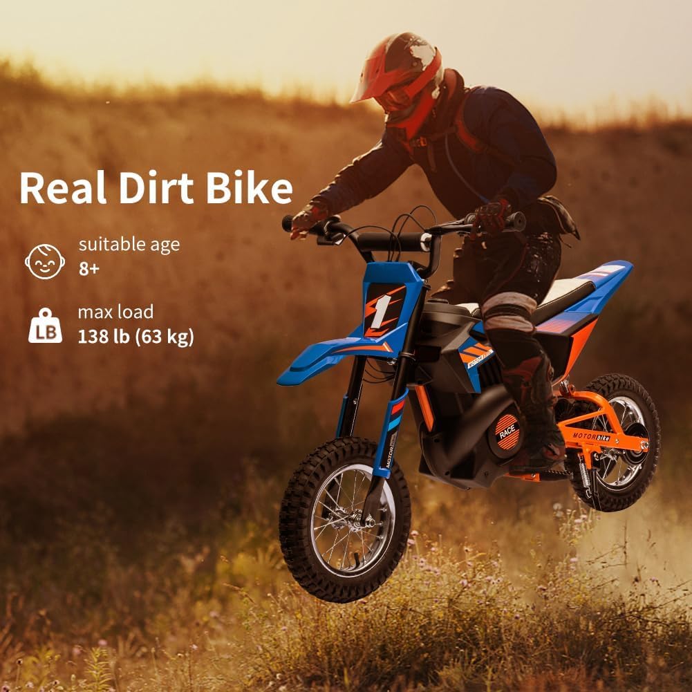 24V Kids Ride On Electric Motorcycle,250W Motor 13.6MPH Fast Speed Dirt Bike,Leather Seat Battery Powered Off-Road Bike,Twist Grip Throttle,Metal Suspension,Air-Filled Tires,for Teens