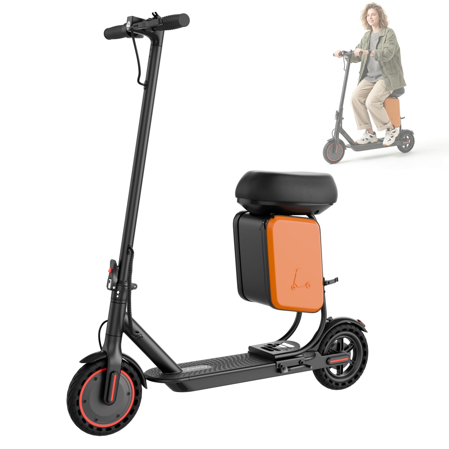 Qlaway Electric Scooter with Seat for Adults, 8.5'' Solid Tires, 19MPH, 350W Powerful Motor, 15Miles Long Range, Foldable & Portable Commuter Escooter with Dual Braking System, APP Control - Black