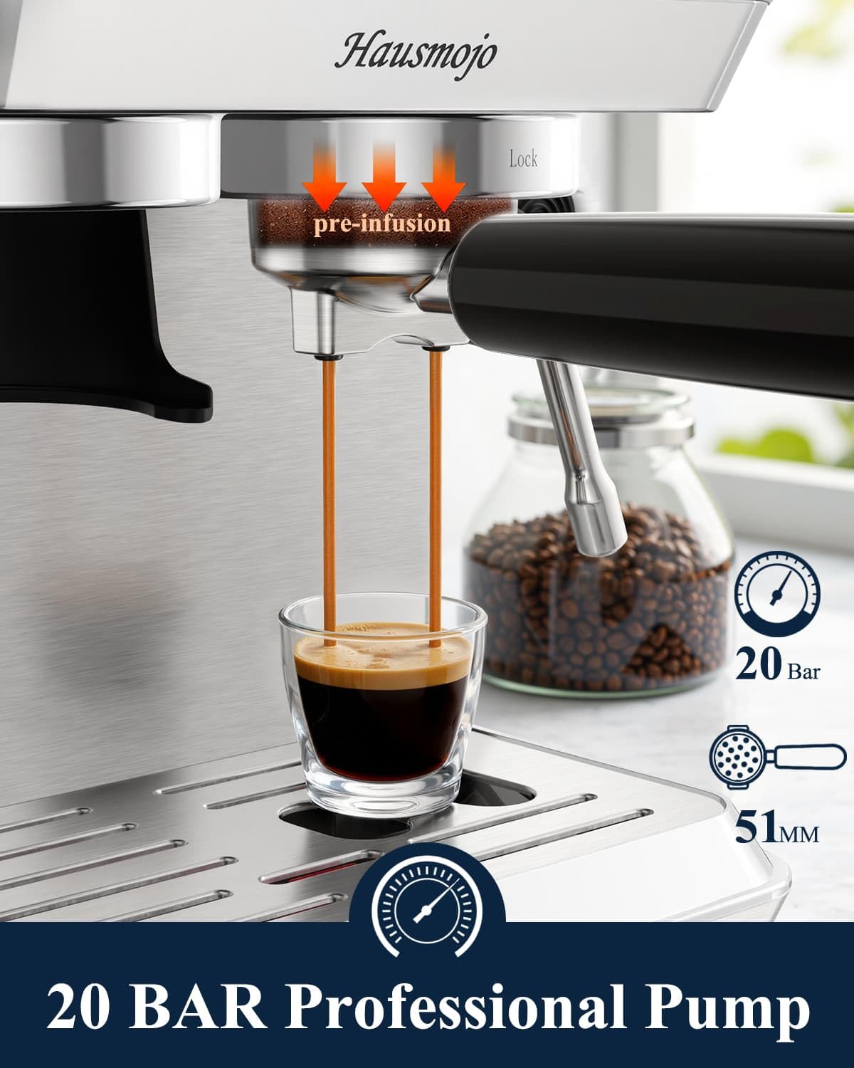 Hausmojo CM1620 Espresso Machine with Built-in Burr Grinder, 20 Bar Bean-to-Cup Espresso Maker with 44 Grind Settings & Steam Wand, Touchscreen Coffee Machine for Latte, Cappuccino