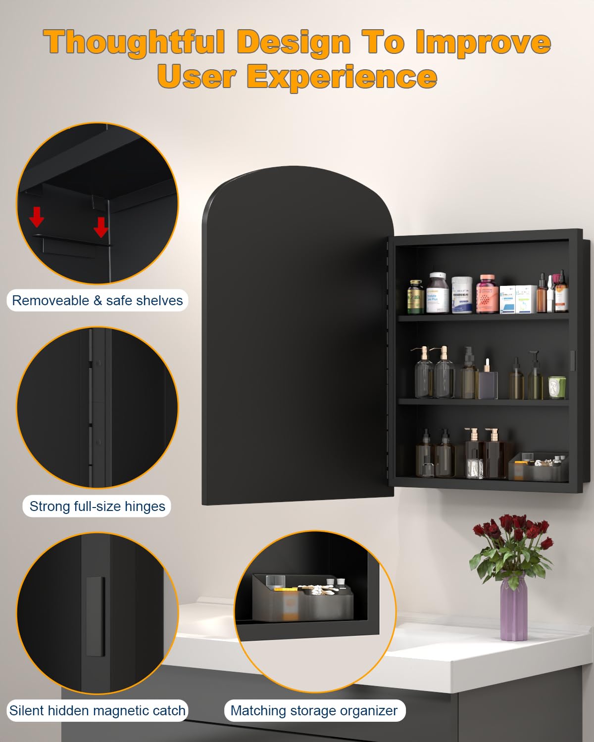 20"x28" Black Medicine Cabinet for Bathroom, Surface Mount or Recessed Medicine Cabinets with Storage and Arched Mirror , All-Metal Daisy Decor Frame, Includes 2 Adjustable Shelves and 1 Organizer