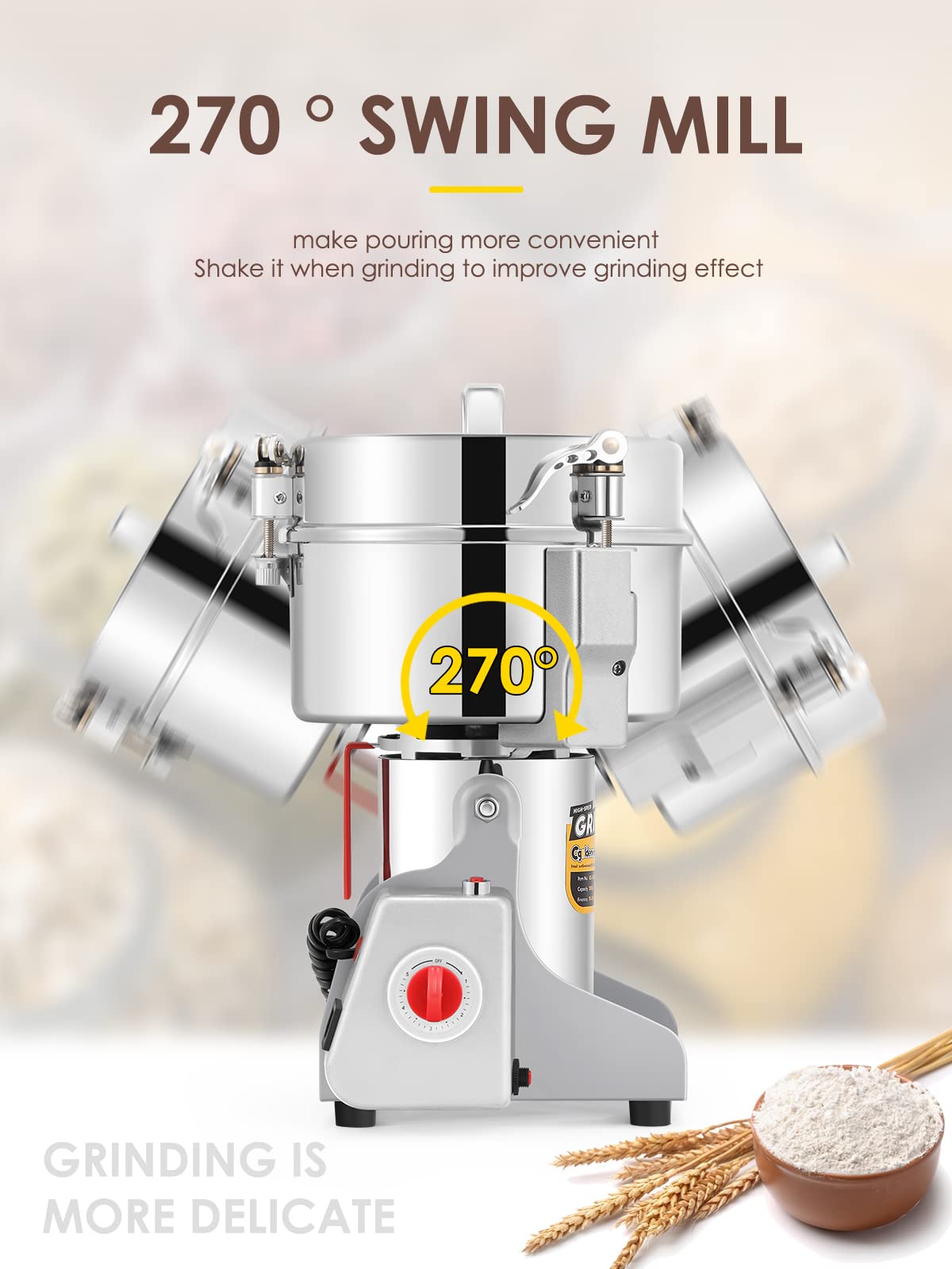 CGOLDENWALL 2000g Electric Grain Grinder Mill Safety Upgraded 3000W High-speed Spice Herb Grinder Commercial Superfine Machine Dry Cereals Pulverizer CE 110V (2000g Swing Type)
