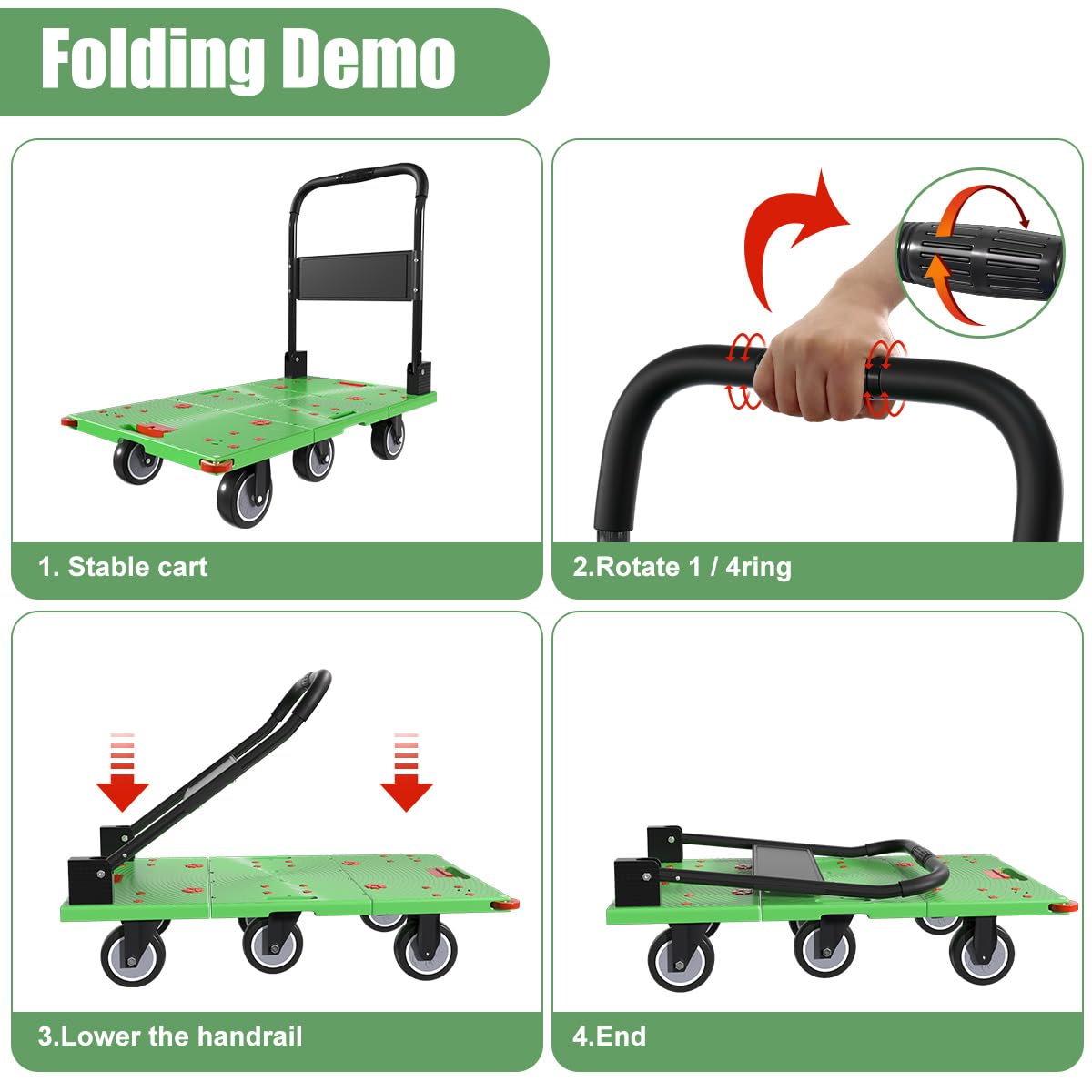 WUD 1323 lbs Heavy Duty Folding Platform Cart with Extendable Deck (31''–39''), 6-Wheel Support, 4'' Quiet Casters, Thick Reinforced Flatbed Dolly for Warehouse, Garage & Moving