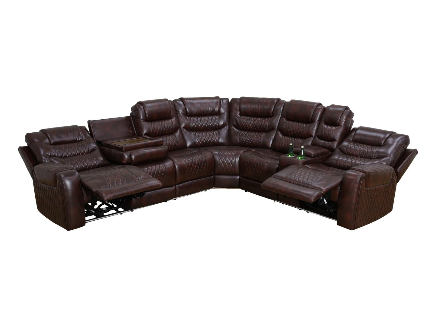 Reclining Sectional, Power Sectional Couch, Leather Sofa Set for Living Room, Comfy Home Theater Seating with USB 2.0 Charging Ports, LED Light Strips, Fold-Down Table & Cupholders (Brown, 3-Piece)