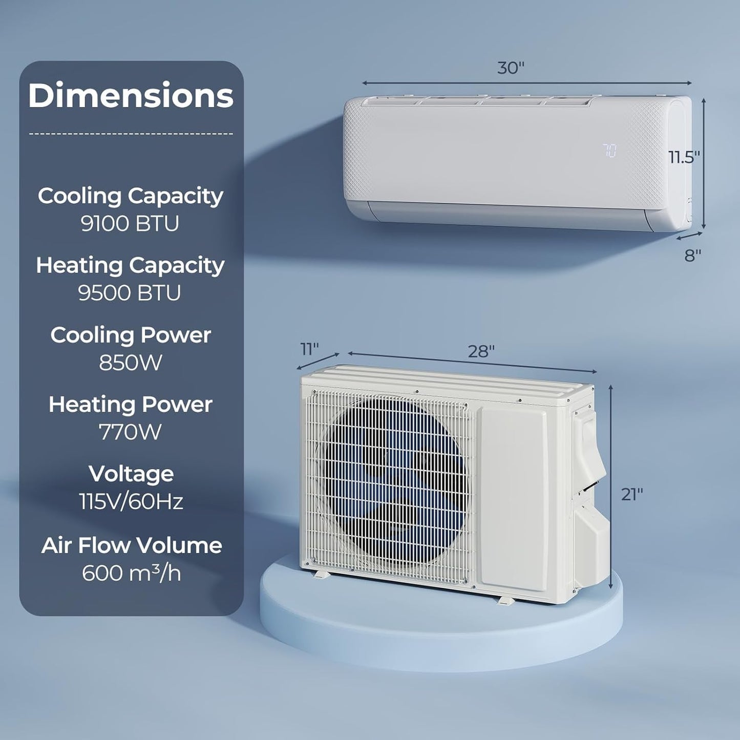 SIMOE 9000 BTU Mini Split Air Conditioner and Heat Pump, 115V 20.5 SEER2 WiFi Enabled Mini Split AC/Heating System, Cools Up to 450 Sq.Ft, Ductless Inverter AC Unit with Pre-Charged Condenser