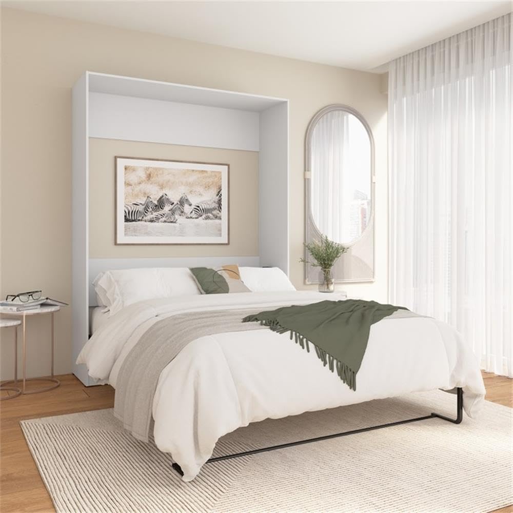 Pemberly Row Modern Queen Murphy Bed, Engineered Wood, White Finish, 85.63H x 64.41W x 91.16D, Dual Piston System, Fold Down Wall Bed, Space Saving Design, Bedroom Furniture