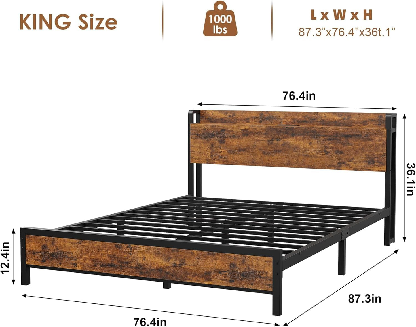 GarveeHome King Size Bed Frame Charging Station with 2 USB Ports & 2 AC Outlets, Heavy Duty Metal Bed Frame with Wooden Headboard and Footboard, No Box Spring Needed, Easy to Assemble, King Size