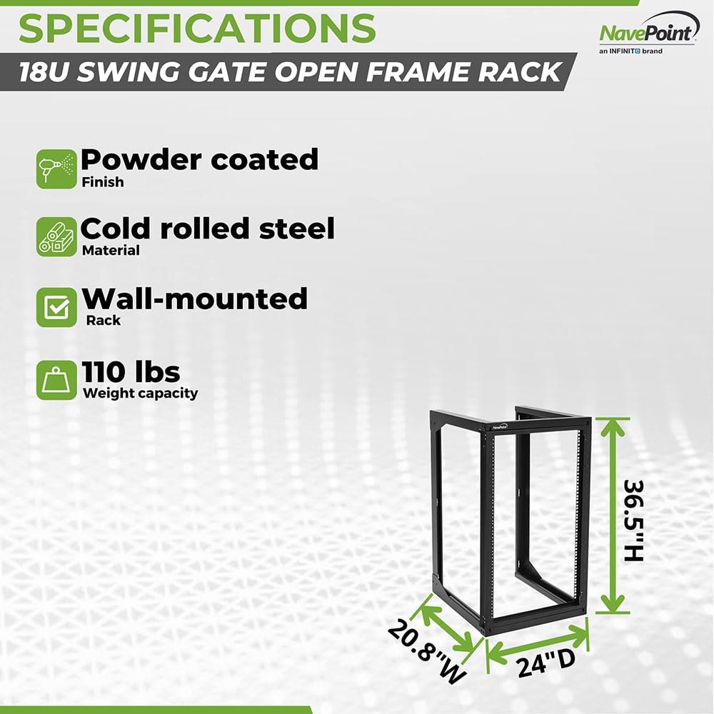 NavePoint 18U Server Rack with Swing Gate - Wall Mount Rack for 19 Inch IT & AV Equipment - 24' Deep, Black