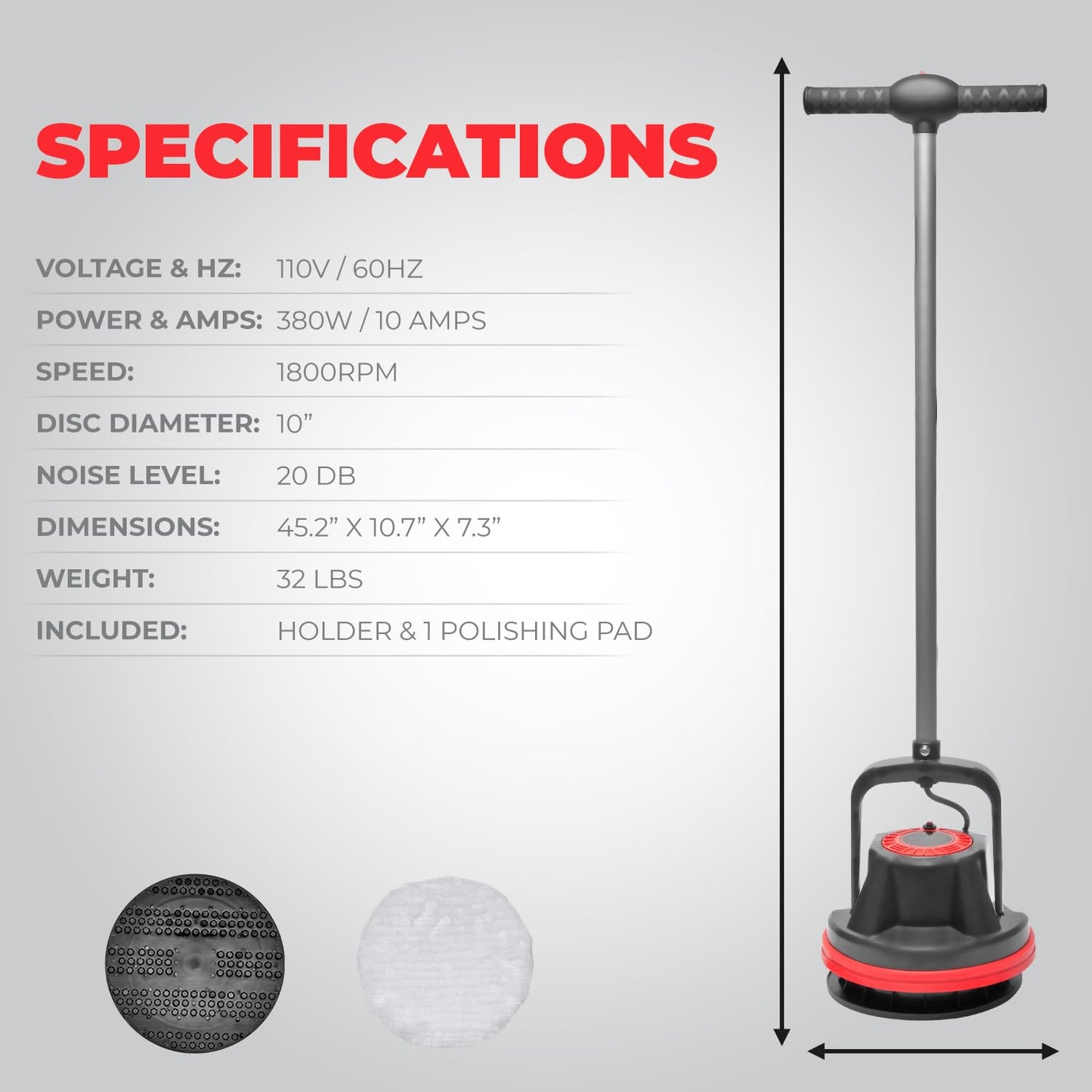 XtremepowerUS 10" Heavy Duty Commercial Pad Polisher Orbiter Hard Floor Buff Cleaner Machine, Wide Cleaning Path Floor Cleaning, 39ft Cord