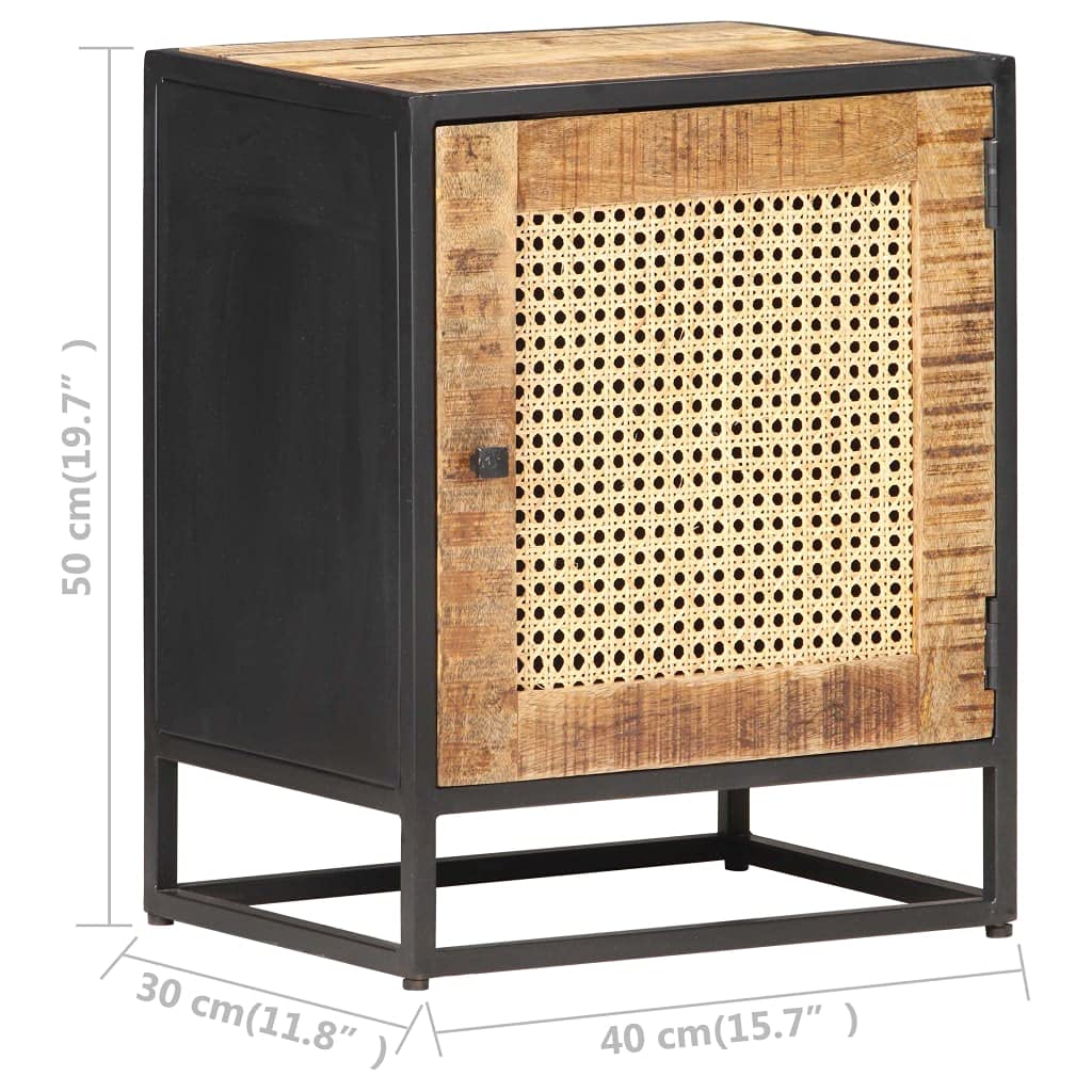 KGFHERENB Bedside Cabinet, 15.7"x11.8"x19.7" Rustic Solid Rough Mango Wood Nightstand with Hand-Woven Natural Cane Door, Iron Frame Side Table with Storage for Bedroom and Living Room