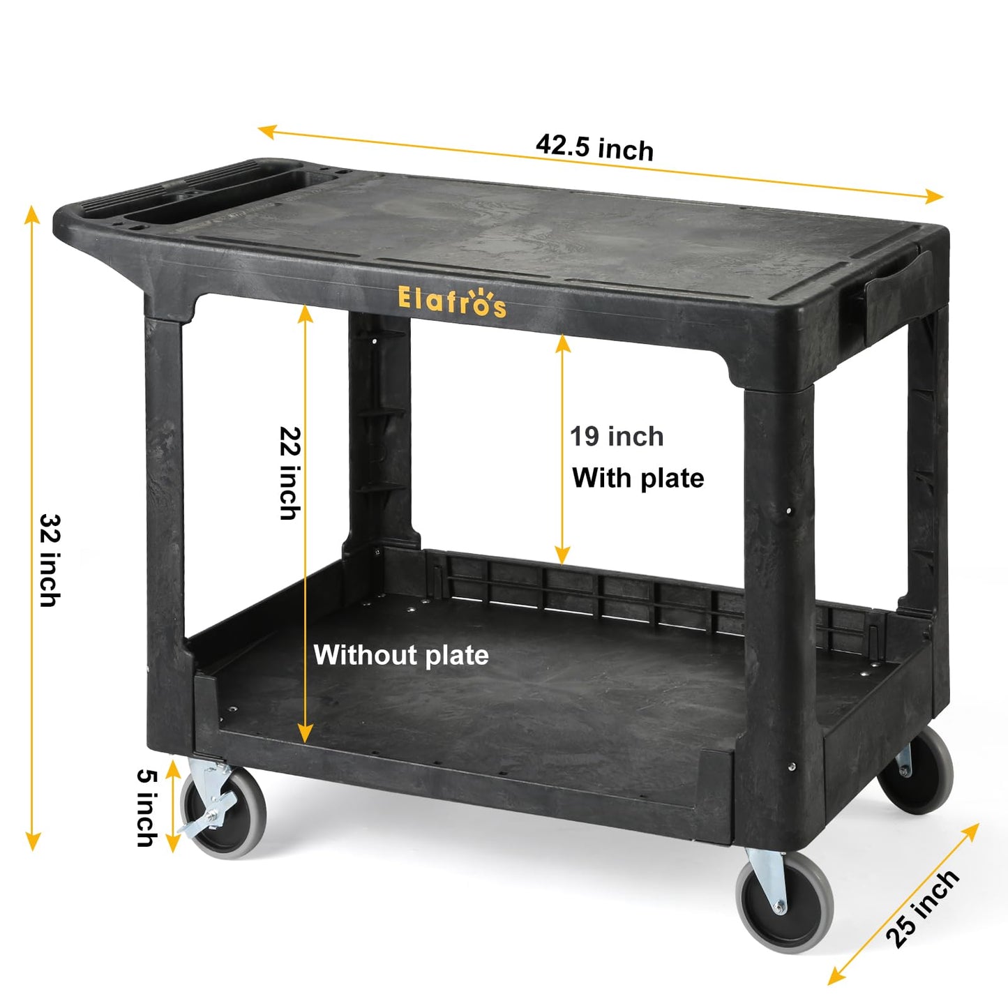 ELAFROS Large Heavy Duty Plastic Flat Top Utility Cart, 42.5 x 25 in, Black