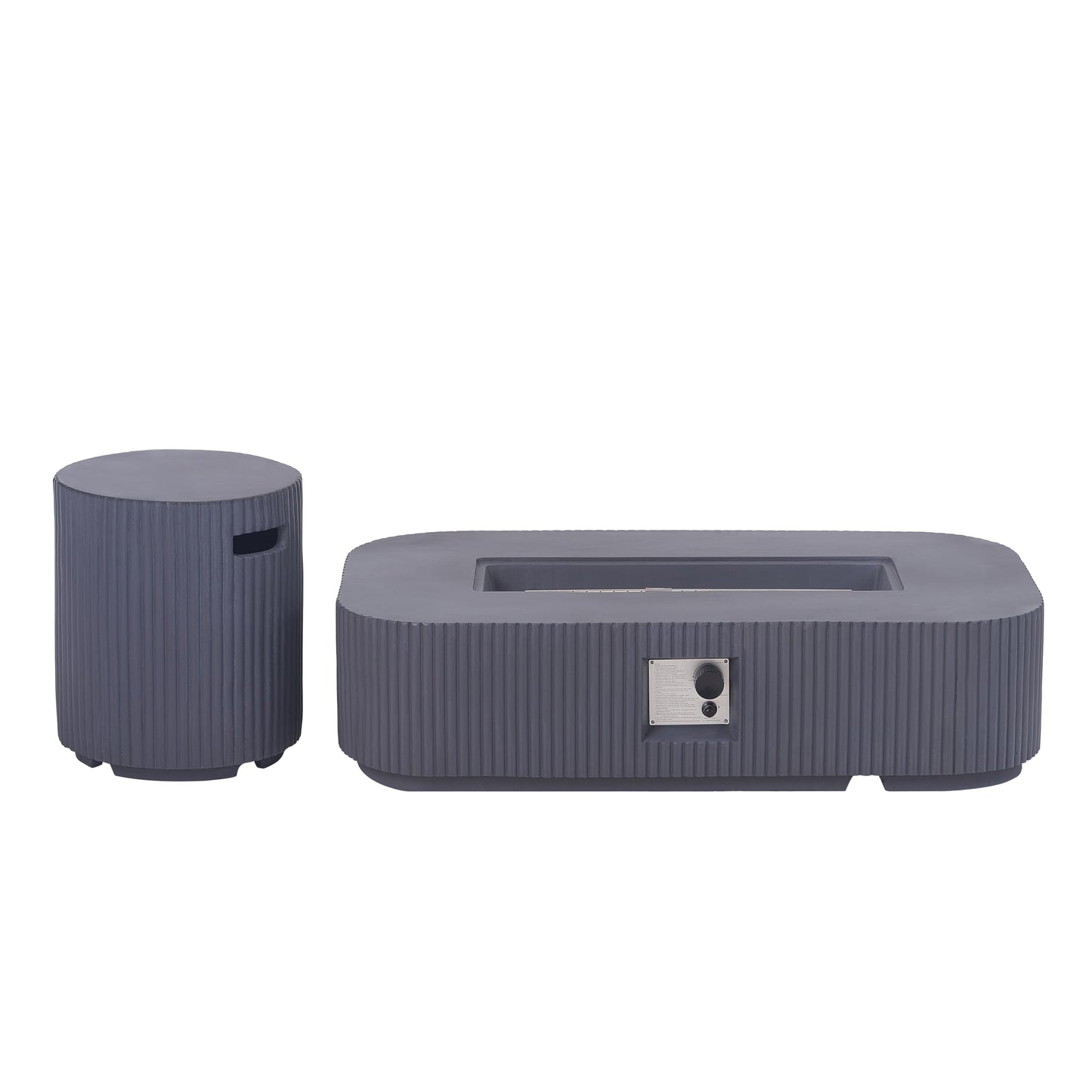 Christopher Knight Home 48.2 Inch Outdoor Rectangular Fire Pit Set with Tank Cover Side Table, MgO Concrete Propane Fire Pit 50000 BTU, Gray Modern Patio Heating Table Set