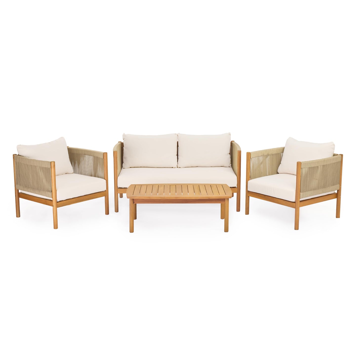 Christopher Knight Home Mayeq 4-Piece Acacia Wood Patio Furniture Set, Outdoor Conversation Sofa Set with Club Chair and Coffee Table, Patio Sectional Chat Set for Backyard Balcony, Teak+Cream