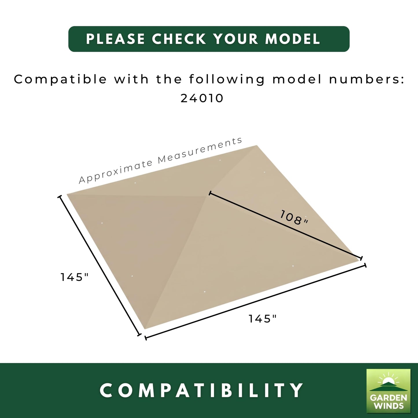 Garden Winds Reinforced RipLock 350 Replacement Canopy Top Cover Compatible with ShelterLogic Sequoia 12' x 12' Gazebo Model 24010 - Beige