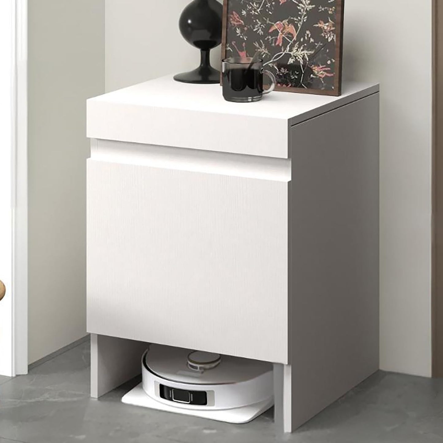 Nordivo Robot Vacuum Stand Cabinet,Storage Cabinet with Doors for Robot Vacuum Cleaner,End Side Table for Home Office,Wood Freestanding Rack for Living Room Home Office Kitchen(White)