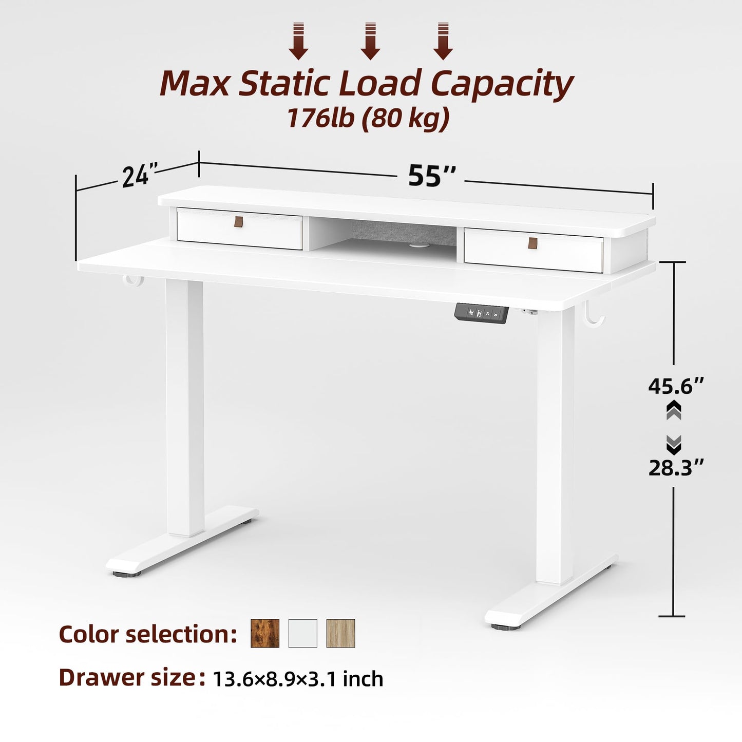 TIQLAB Standing Desk with Two Drawers, Stand Up Standing Desk Adjustable Height, Electric Sit Stand Table with Storage Shelf and Splice Board, 55 * 24 inch, White