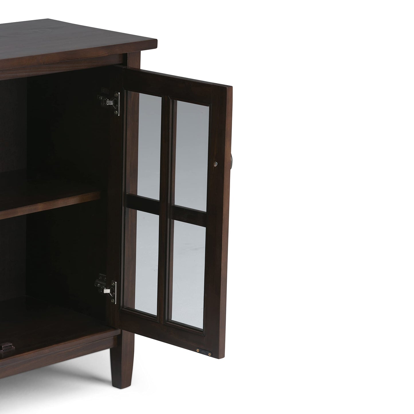 SIMPLIHOME Warm Shaker Storage Cabinet - 32 inch Wide Solid Wood 2-Shelf Low Storage Cabinet in Brunette Brown, Transitional Accent Cabinet for Entryway with Tempered Glass Doors and Shelves