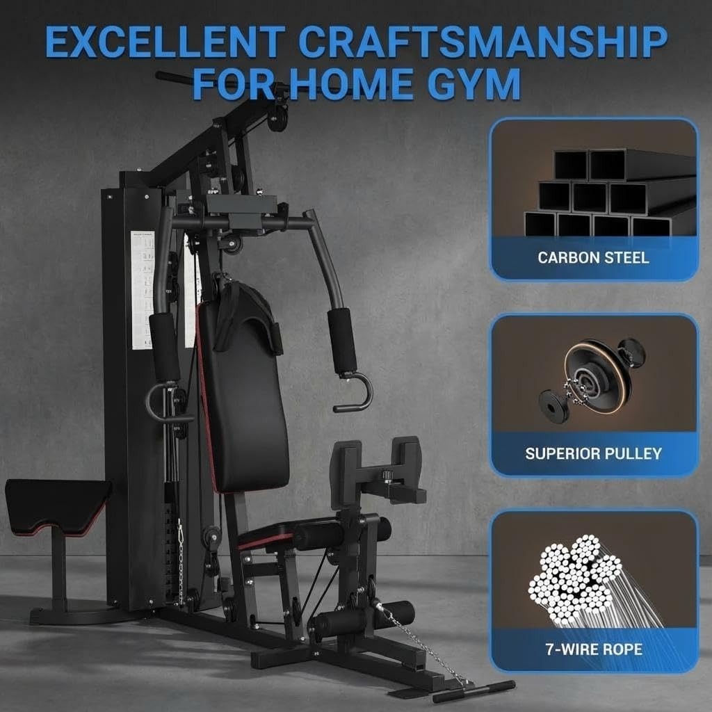 Multifunctional Home Gym Equipment - 150LB Weight Stack Workout Station for Full Body Strength Training, High/Low Pulley System with Leg Press & Butterfly Arms