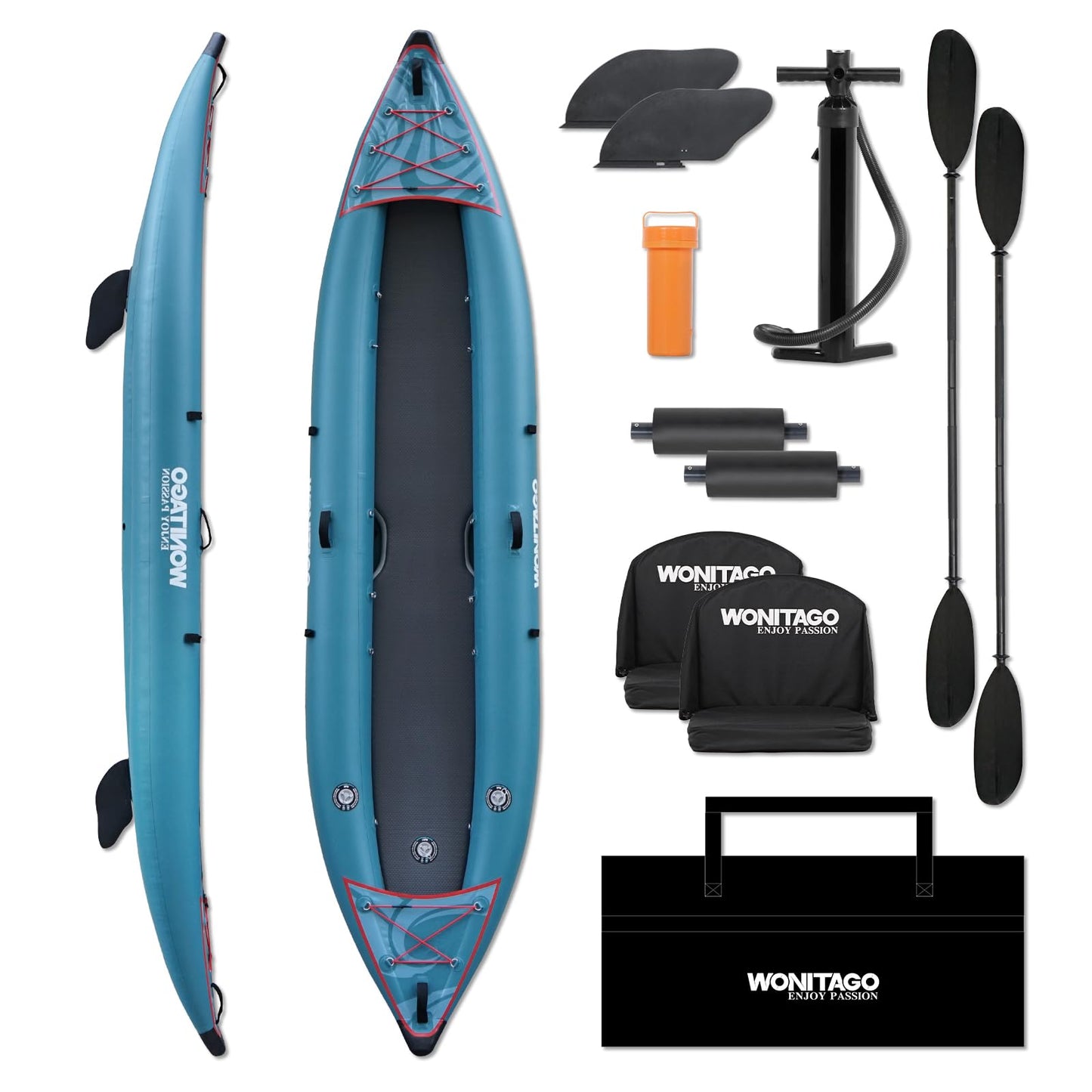 WONITAGO PVC Inflatable Kayak with Drop Stitch Floor, Recreational Touring Kayak with Kayak Paddle, Hand Pump and Carrying Bag, 2 Person, Blue