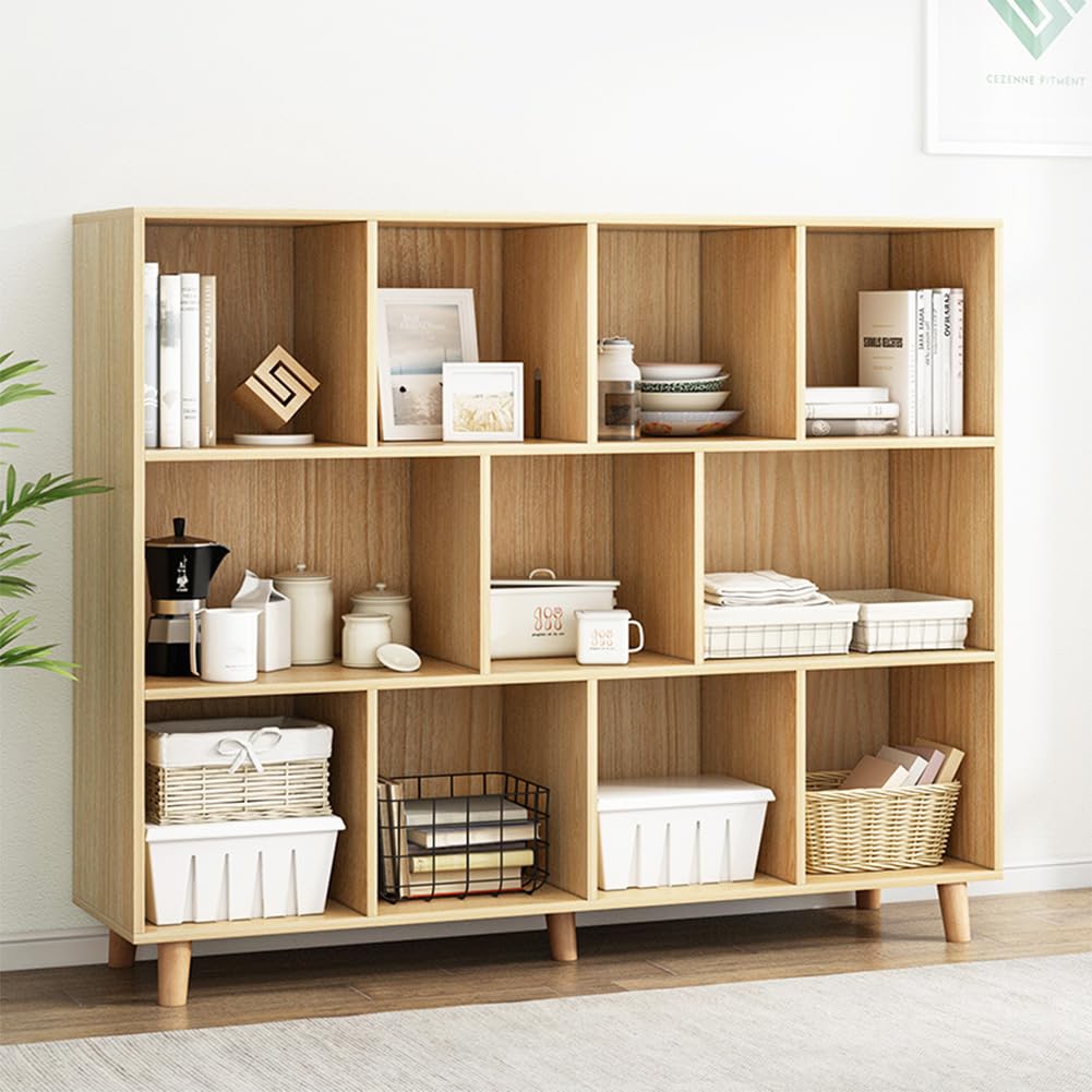 IOTXY Open Cube Low Bookcase - 3-Tier Freestanding Storage Display Cabinet Organizer with Legs for Home Office, 11-Cubes Open Shelf Short Bookshelf, Oak