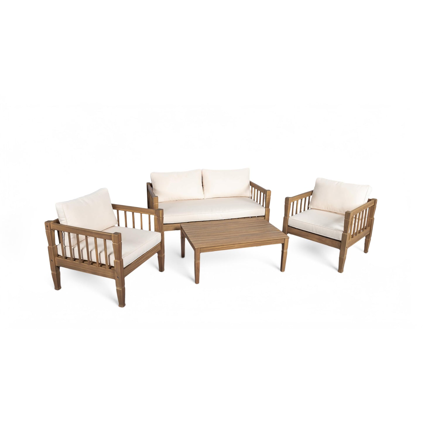 Merax 4 Piece Paito Conversation Set, All-Weather Acacia Wood Loveseat Sofa, 2 Armchairs with Deep Seating and Thick Cushions,1 Coffee Table for Porch, Lawn, Backyard, Teak+Beige
