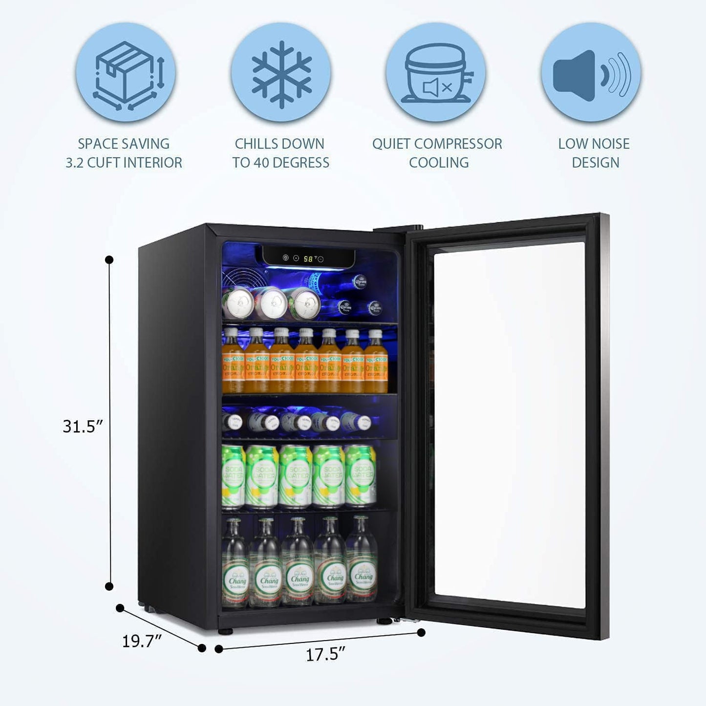 Antarctic Star Beverage Refrigerator Cooler -120 Can Glass Door Mini Fridge, for Soda Cola Beer or Wine Constant Glass Door Small Drink Dispenser Clear Front for Home, Bar 3.2cu.ft